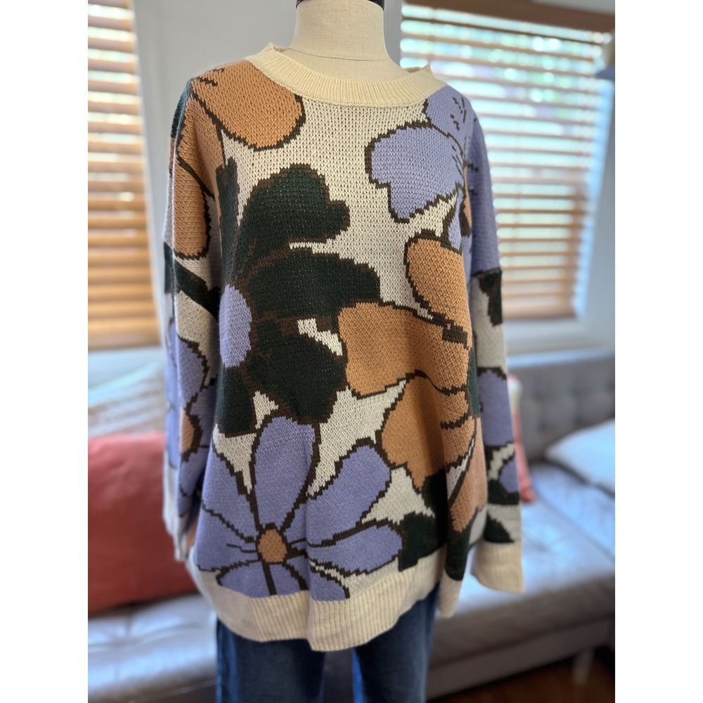 Pink Lily Floral Oversized Sweater XL Lavender Tan Cream Crewneck Pullover
